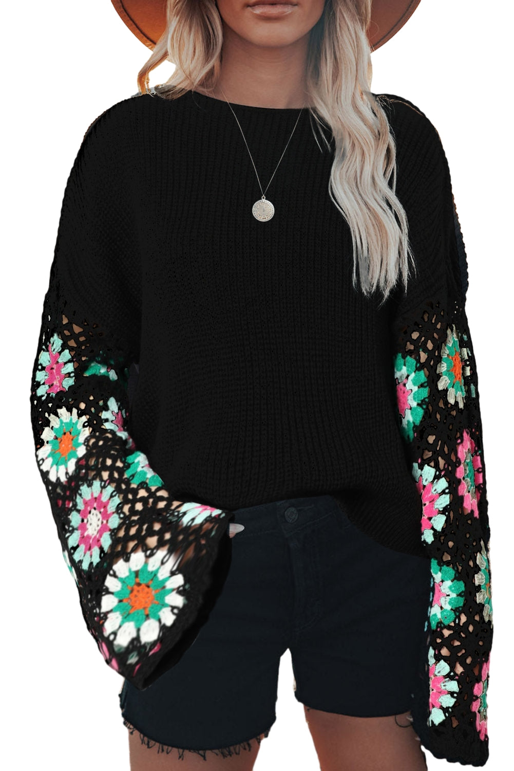 Black Floral Crochet Bell Sleeve Loose Sweater Sweaters JT's Designer Fashion