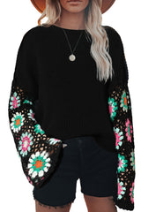 Black Floral Crochet Bell Sleeve Loose Sweater Sweaters JT's Designer Fashion