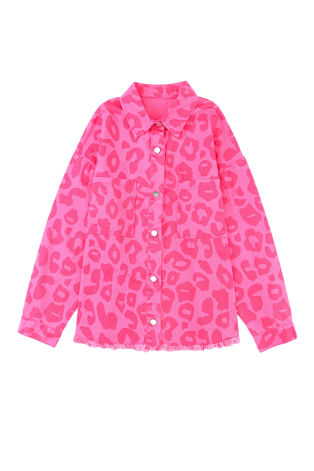 Pink Leopard Print Button Cuffs Raw Hem Jacket Denim Jackets JT's Designer Fashion