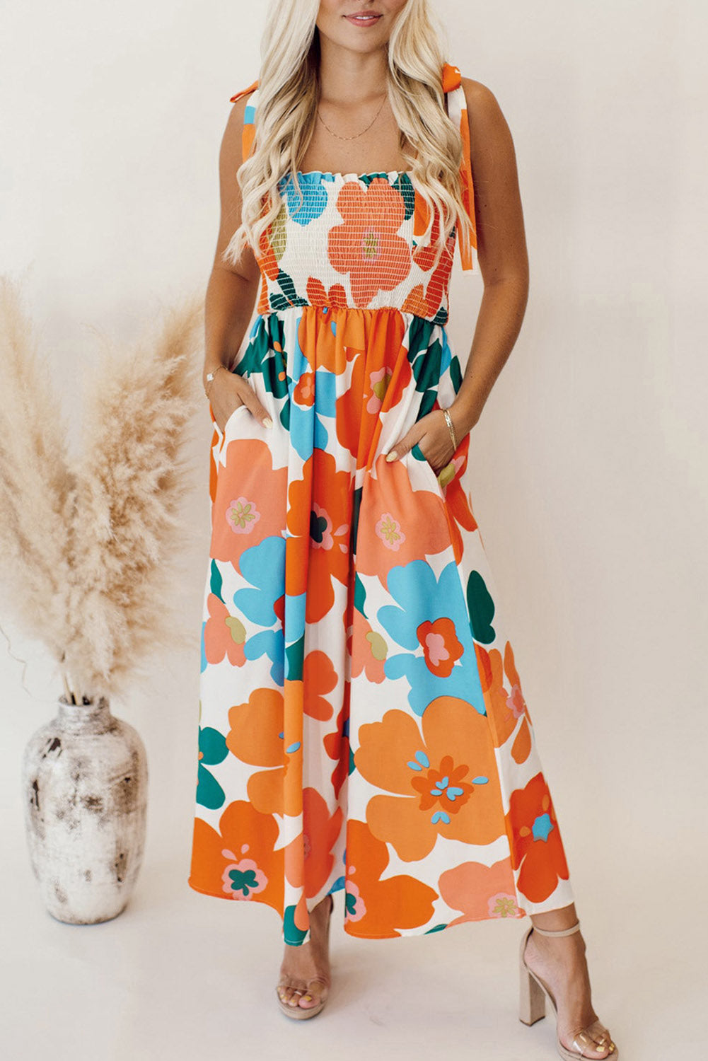 Orange Floral Self Tied Straps Smocked Bust Maxi Dress Orange 100%Polyester Floral Dresses JT's Designer Fashion