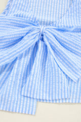 Sky Blue Stripe V Neck Bowknot Crop Tank and Shorts Set Short Sets JT's Designer Fashion