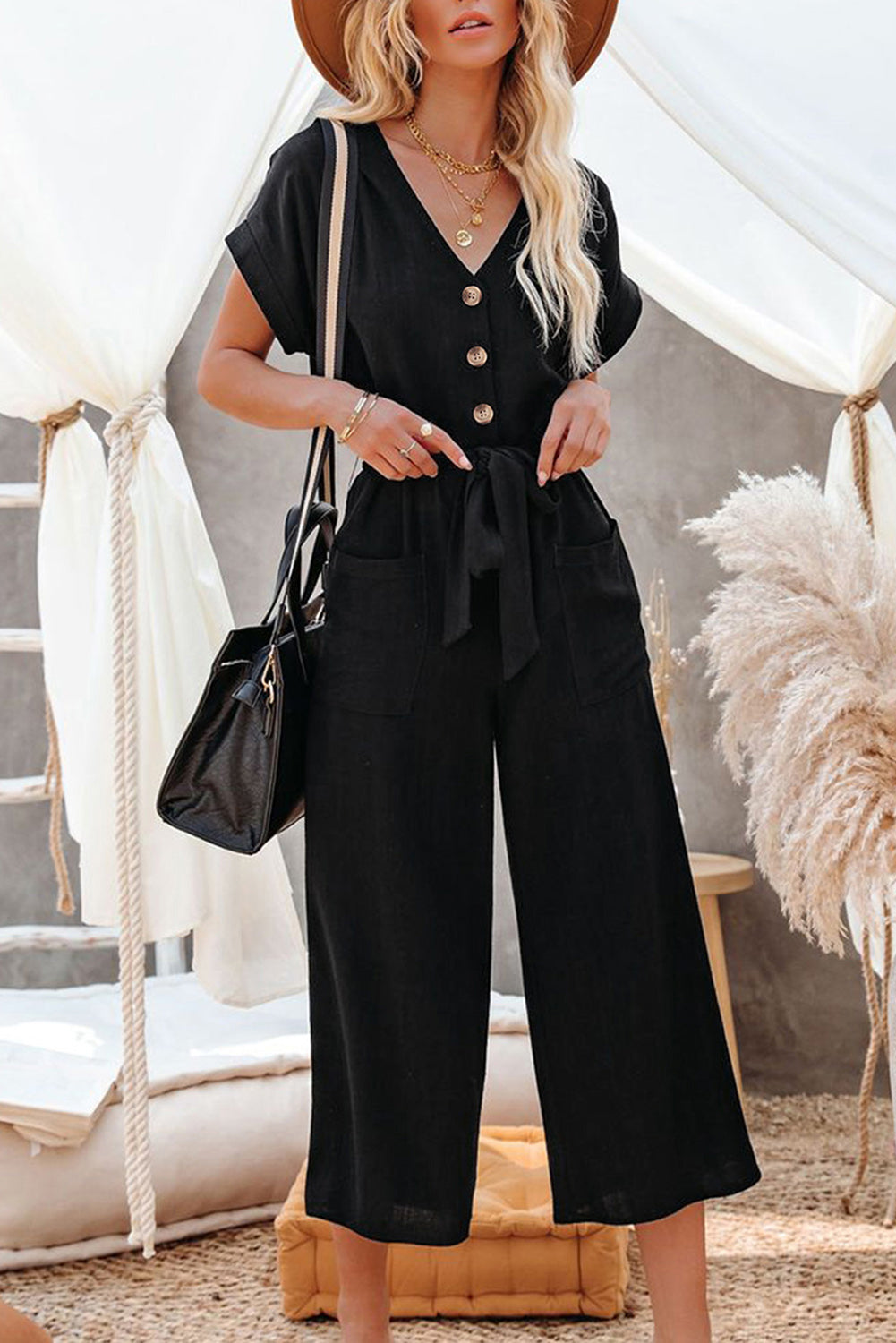 Black Dolman Button Belted V Neck Wide Leg Pocketed Jumpsuit Jumpsuits & Rompers JT's Designer Fashion