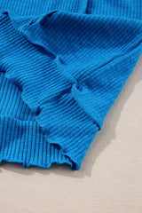 Blue Ribbed Exposed Seam Knit V Neck Long Sleeve Top Long Sleeve Tops JT's Designer Fashion
