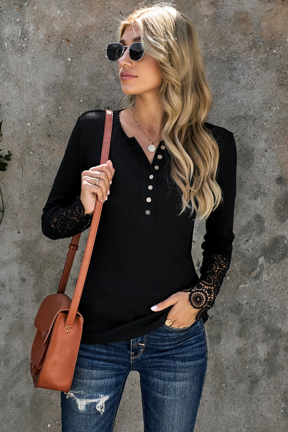 Black Crochet Lace Hem Sleeve Button Top Long Sleeve Tops JT's Designer Fashion