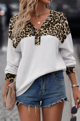 White Leopard Waffle Knit Patchwork Button V Neck Top Long Sleeve Tops JT's Designer Fashion