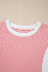 Pink Textured Colorblock Patchwork Tee Two Piece Shorts Set Short Sets JT's Designer Fashion