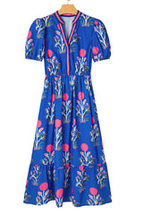 Sky Blue Floral Puff Short Sleeve V Neck High Waist Maxi Dress Floral Dresses JT's Designer Fashion