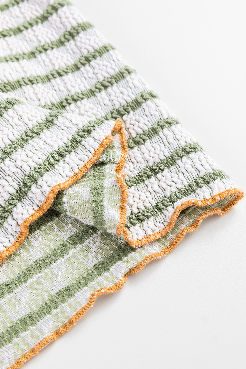 Green Stripe Textured Frilly Trim Buttons Henley Long Sleeve Top Long Sleeve Tops JT's Designer Fashion