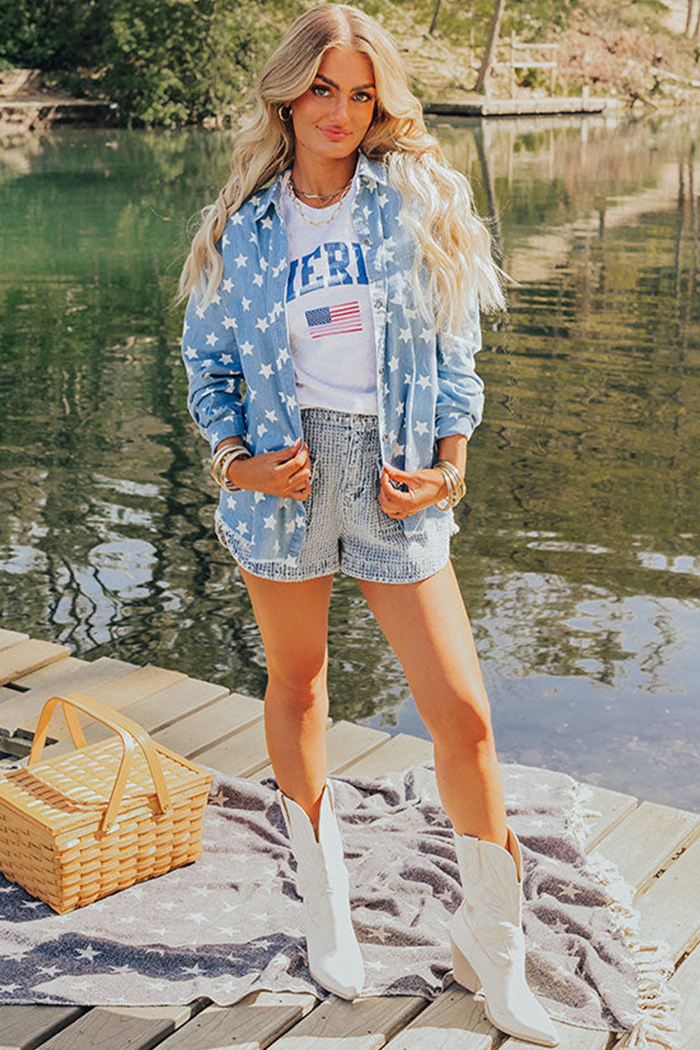 Sky Blue Star Print Light Wash Raw Hem Denim Jacket Denim Jackets JT's Designer Fashion