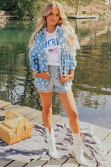 Sky Blue Star Print Light Wash Raw Hem Denim Jacket Denim Jackets JT's Designer Fashion