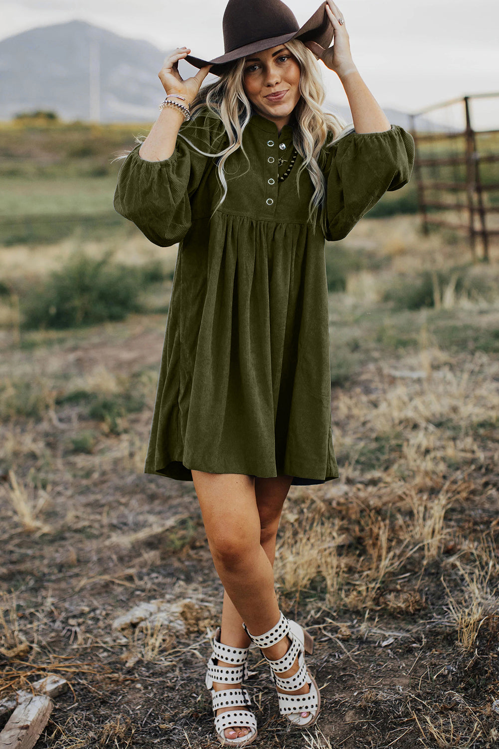 Vineyard Green Corduroy Snap Buttons Empire Waist Bracelet Sleeve Dress Mini Dresses JT's Designer Fashion