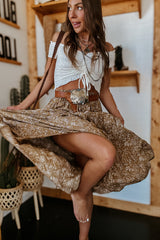 Brown Western Floral Print Ruffled Hem High Waist Loose Maxi Skirt Bottoms JT's Designer Fashion