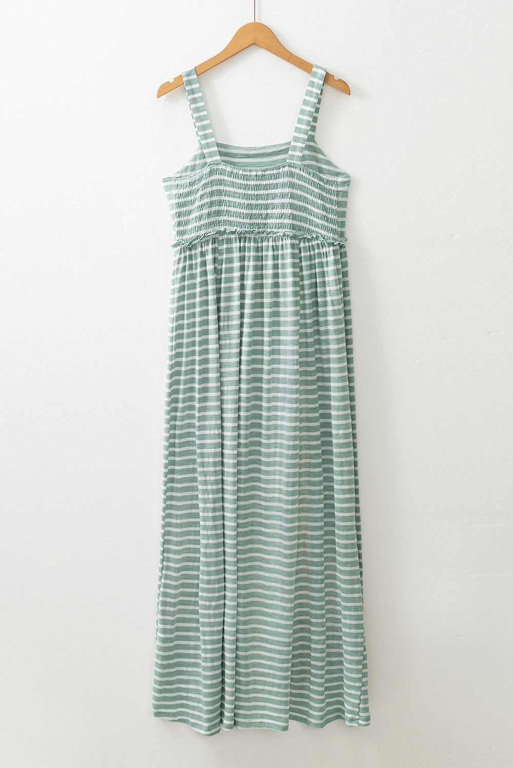 Green Stripe Shirred Frilled High Waist Sleeveless Loose Fit Long Dress Maxi Dresses JT's Designer Fashion