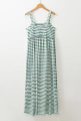 Green Stripe Shirred Frilled High Waist Sleeveless Loose Fit Long Dress Maxi Dresses JT's Designer Fashion