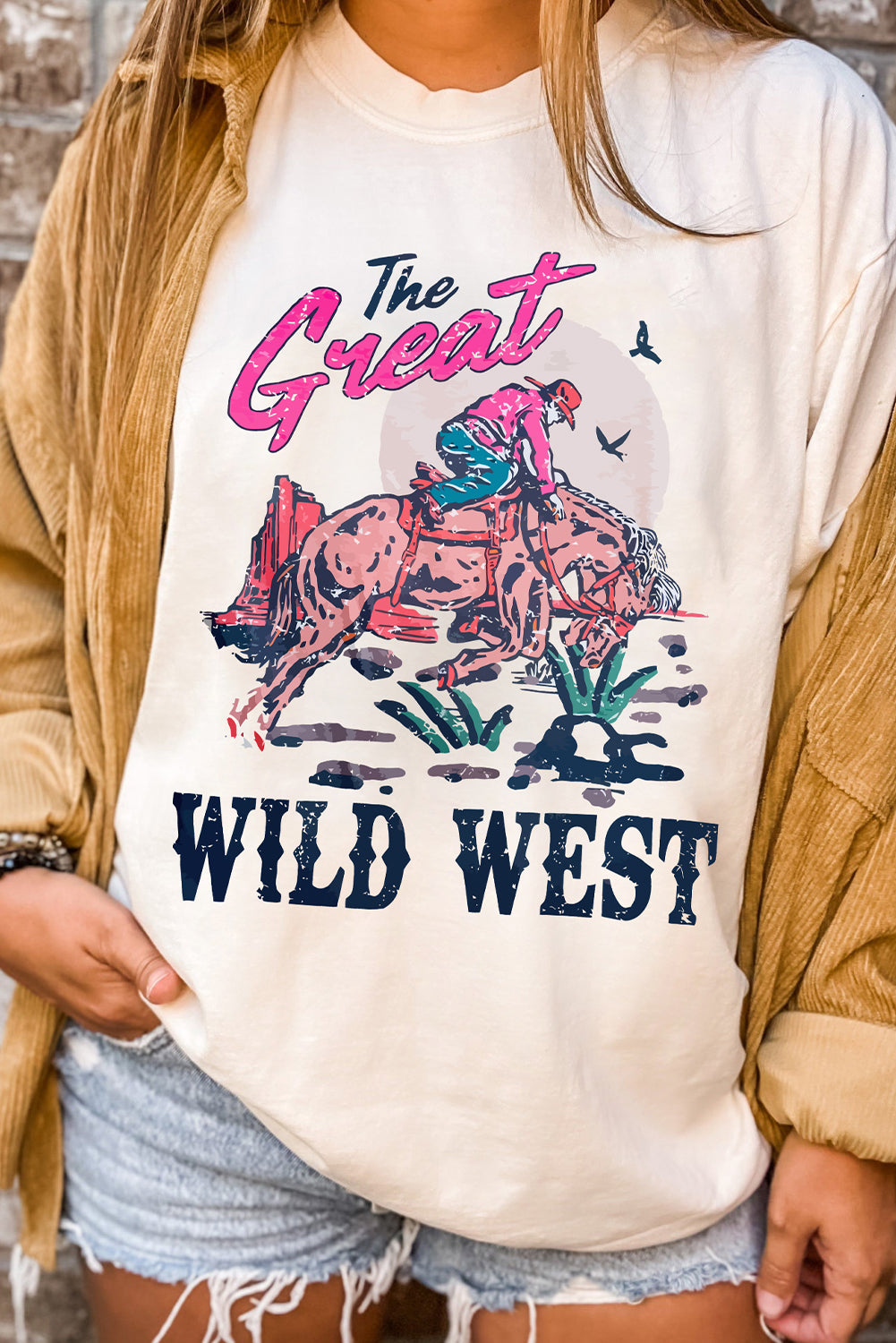 White The Great WILD WEST Rodeo Graphic Crew Neck T Shirt Graphic Tees JT's Designer Fashion