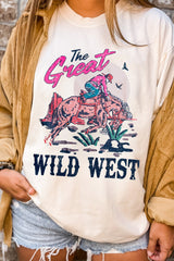 White The Great WILD WEST Rodeo Graphic Crew Neck T Shirt Graphic Tees JT's Designer Fashion
