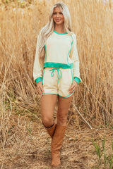 White Contrast Trim Colorblock Long Sleeve Pullover and Drawstring Shorts 2pcs Outfit Short Sets JT's Designer Fashion