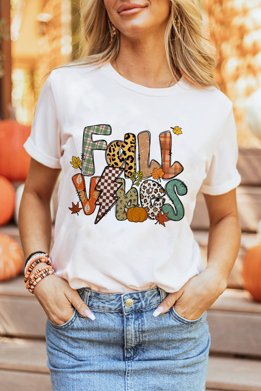 White FALL VIBES Cotton Blend Casual T Shirt Graphic Tees JT's Designer Fashion
