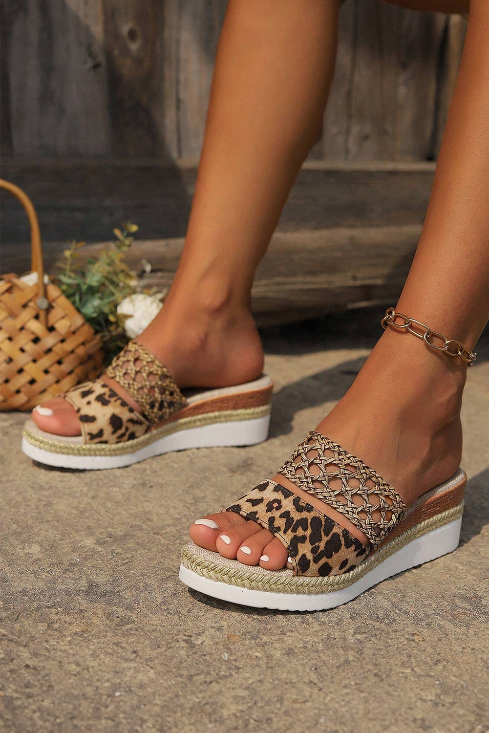 Chestnut Leopard Print Braided Details Wedge Slippers Slippers JT's Designer Fashion