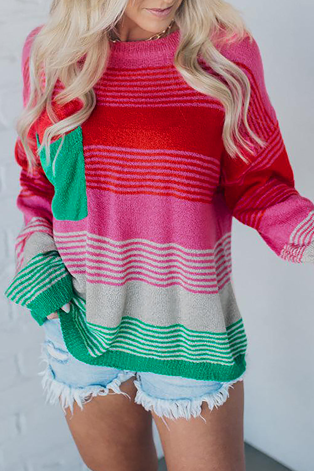 Rose Striped Knit Patch Pocket Drop Shoulder Sweater Sweaters JT's Designer Fashion