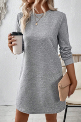 Gray Solid Color Textured Long Sleeve Shift Dress Mini Dresses JT's Designer Fashion
