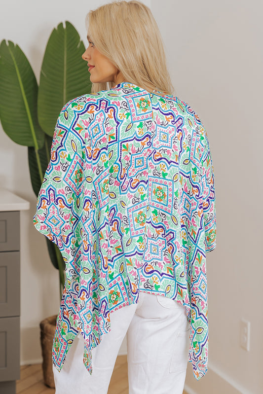 White Boho Floral Printed Rhinestone 3/4 Sleeve Open Front Kimono Kimonos JT's Designer Fashion