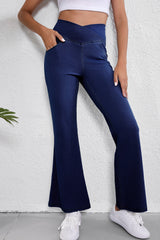 Dusk Blue Solid Crossed Waist High Elastic Fit Flare Knit Jeans Jeans JT's Designer Fashion