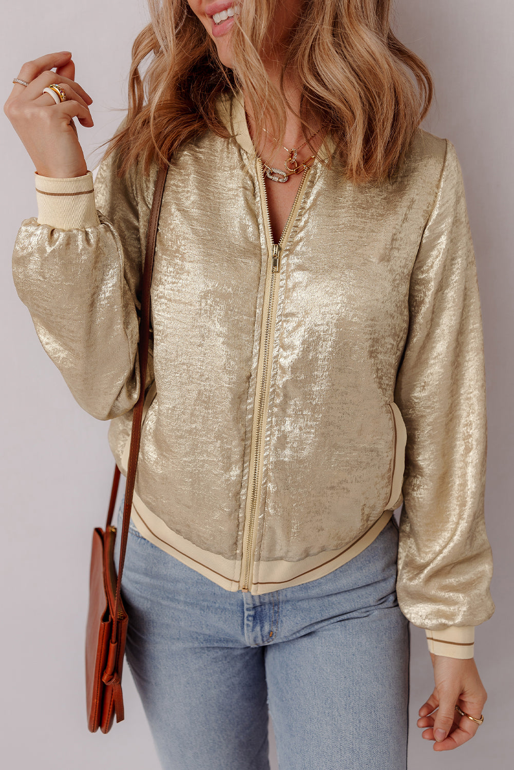 Pale Khaki Metallic Zip up Baseball Jacket Jackets JT's Designer Fashion