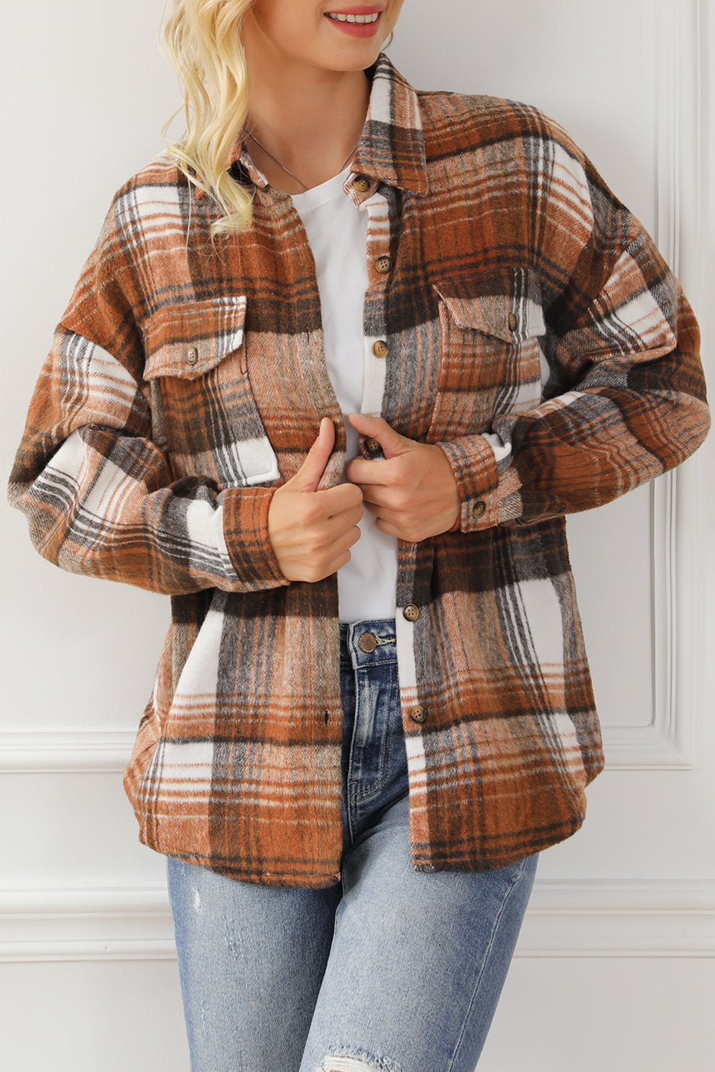 Brown Plaid Flap Pockets Shacket Plaid Shackets JT's Designer Fashion