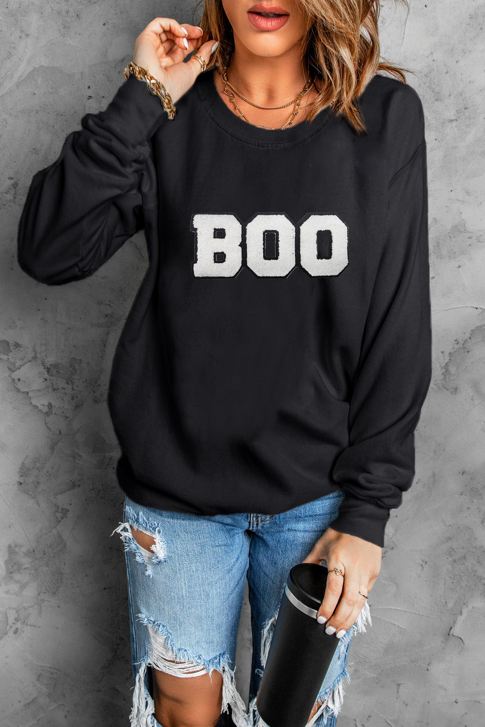 Black Chenille BOO Patched Pattern Crewneck Halloween Sweatshirt Graphic Sweatshirts JT's Designer Fashion