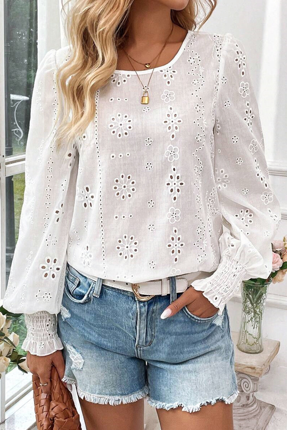 White Eyelet Embroidered Smocked Cuff Sheer Blouse Blouses & Shirts JT's Designer Fashion