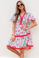 Pink Floral Print Contrast Trim V Neck Bubble Short Sleeve Babydoll Dress Floral Dresses JT's Designer Fashion