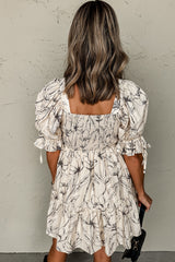 Beige Floral Print Square Neck Shirred Back Puff Sleeve Mini Dress Floral Dresses JT's Designer Fashion