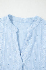 Beau Blue Jacquard Texture Flared Short Sleeve Notched Neck Mini Dress Mini Dresses JT's Designer Fashion