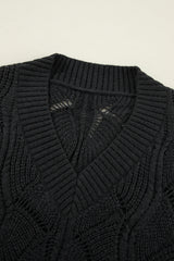 Black Hollow Out Knit V Neck Drop Shoulder Sweater Sweaters JT's Designer Fashion