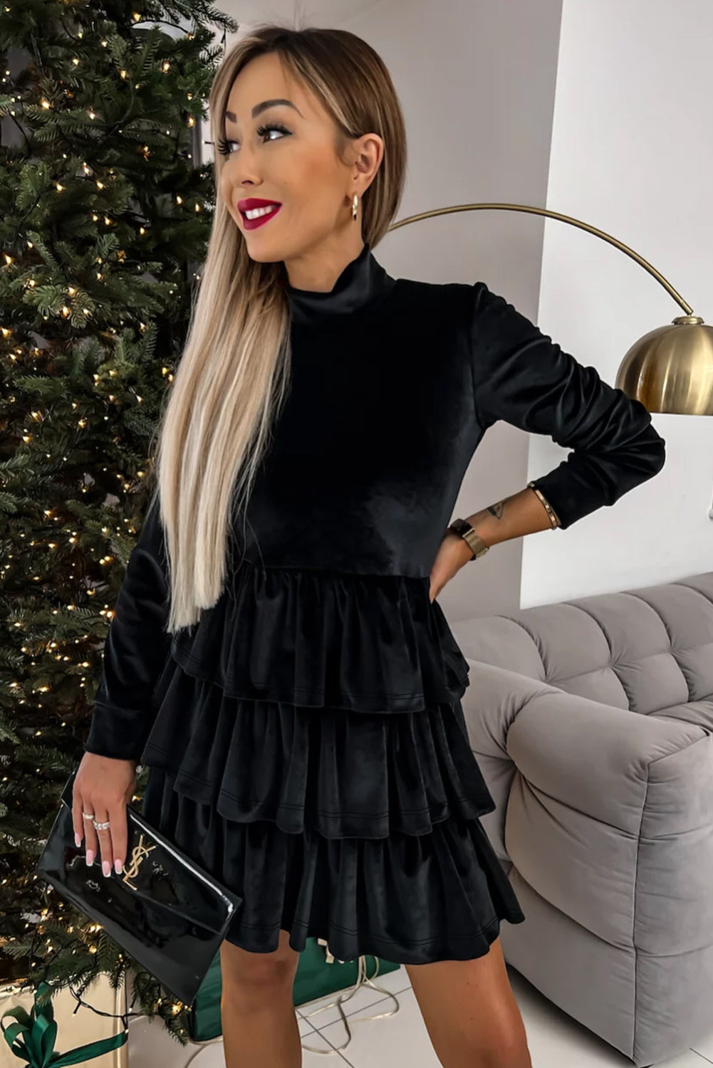 Black Velvet High Neck Tiered Ruffle Mini Dress Mini Dresses JT's Designer Fashion