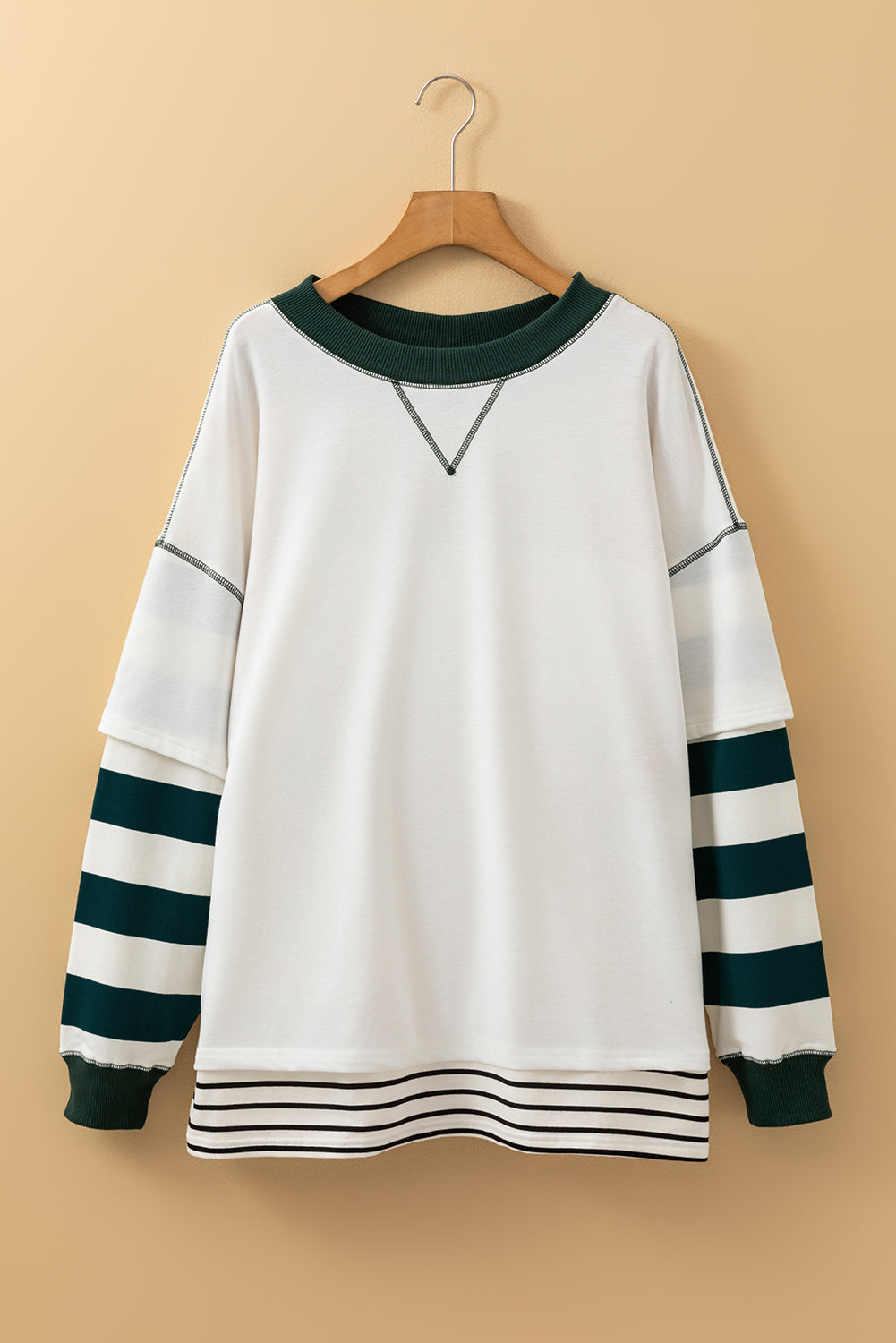 White Stripe Colorblock Sleeve Exposed Seam Fake-2-Piece Sweatshirt Sweatshirts & Hoodies JT's Designer Fashion