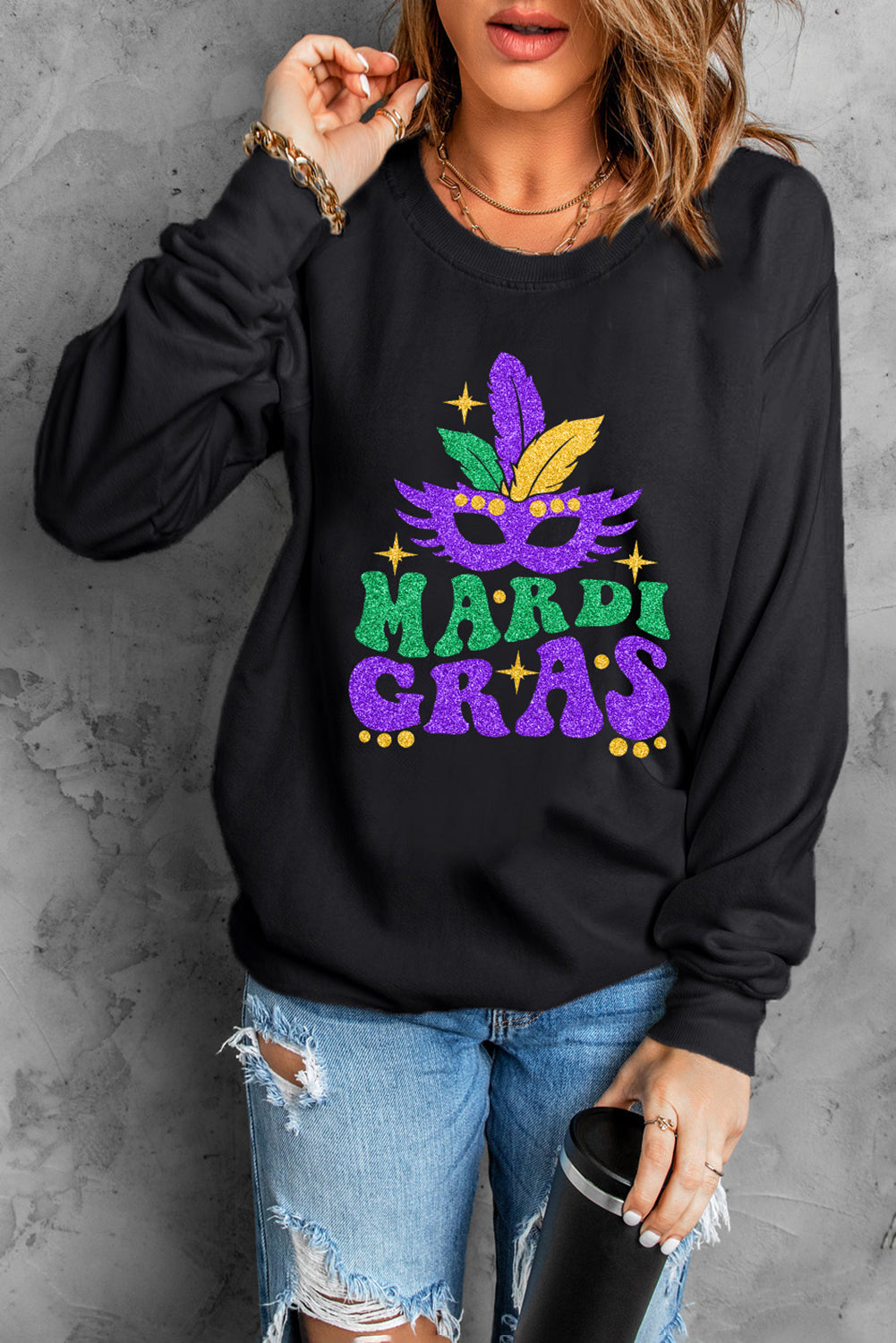 Black Heat Transfer MARDI GRAS Mask Printed Sweatshirt Graphic Sweatshirts JT's Designer Fashion