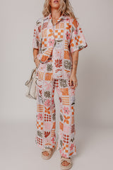 Orange Plant Checkered Print Collared Shirt and Wide Leg Pants Set Pant Sets JT's Designer Fashion
