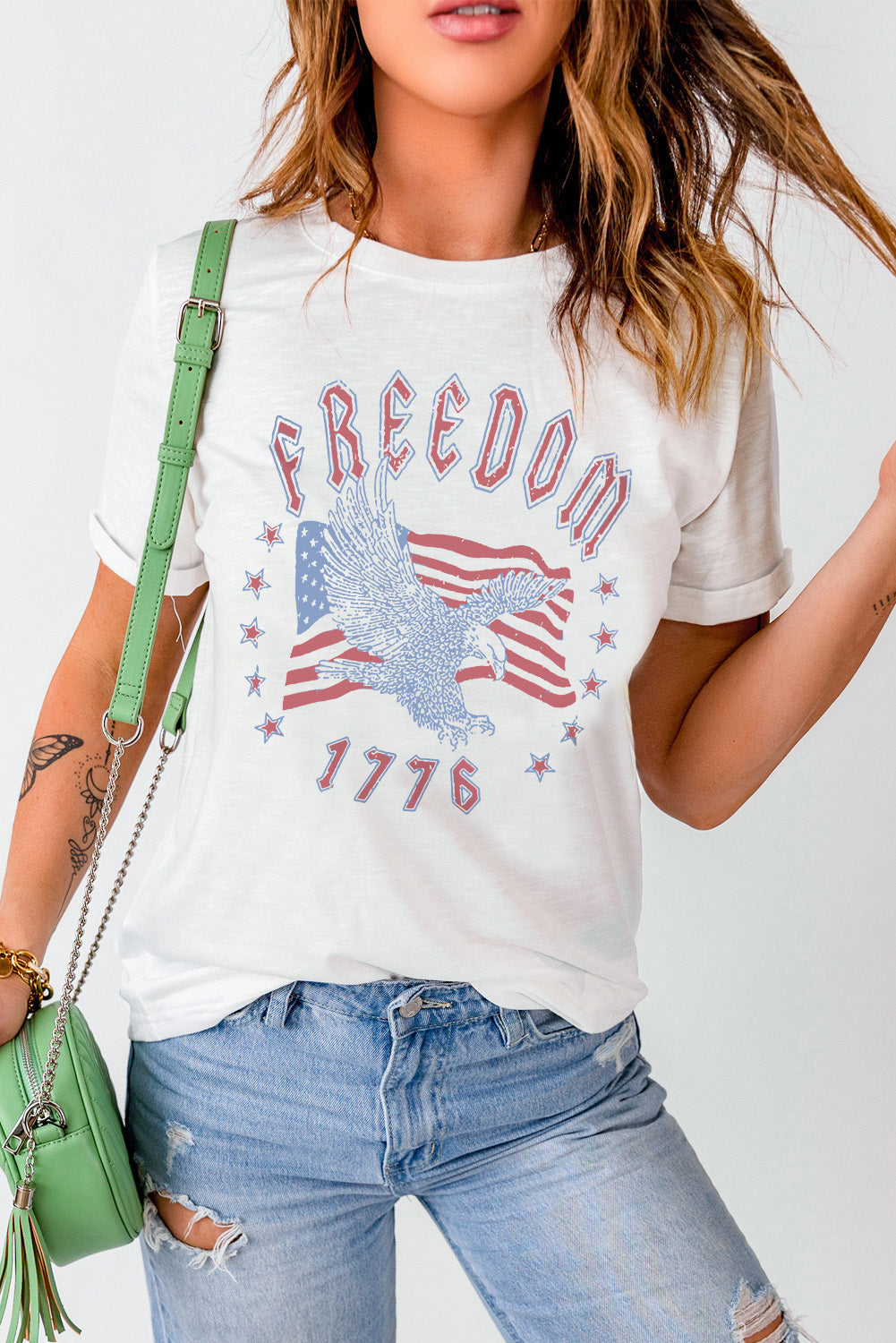 White FREEDOM Eagle Flag Print 1776 Graphic Tee Graphic Tees JT's Designer Fashion
