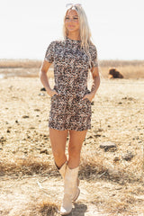 Brown Leopard Print Crew Neck Shift Short T Shirt Dress T Shirt Dresses JT's Designer Fashion