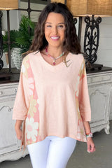 Pink Flower Patchwork Exposed Seam Oversized High Low Top Long Sleeve Tops JT's Designer Fashion
