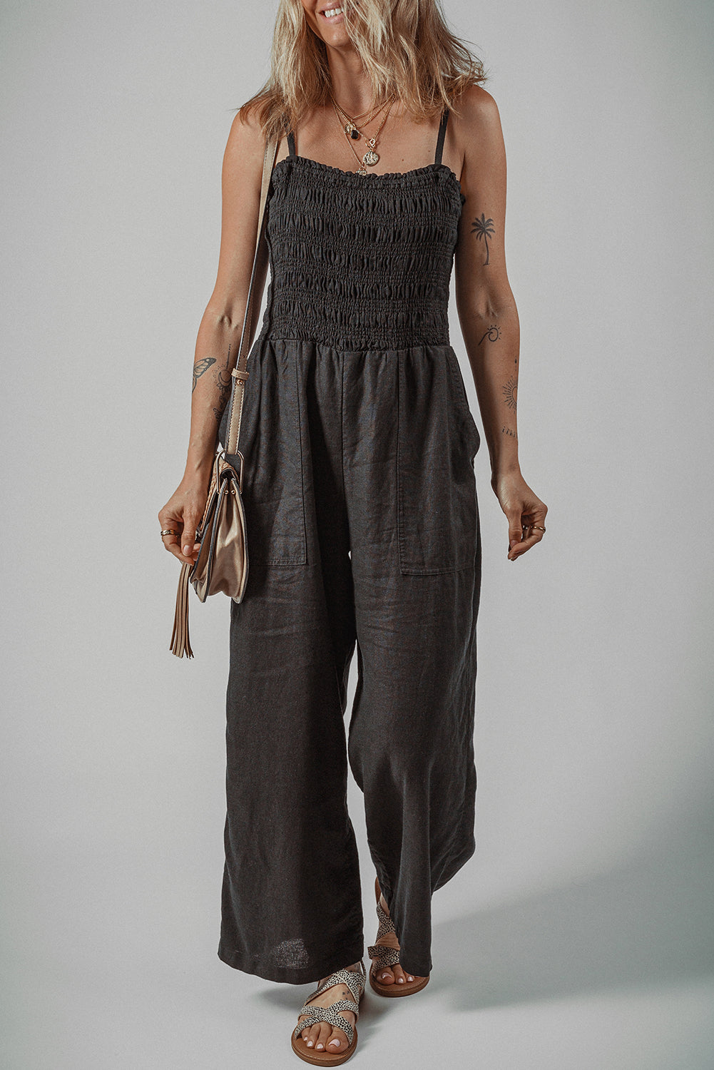 Black Spaghetti Straps Shirred Bodice Pocketed Wide Leg Jumpsuit Jumpsuits & Rompers JT's Designer Fashion
