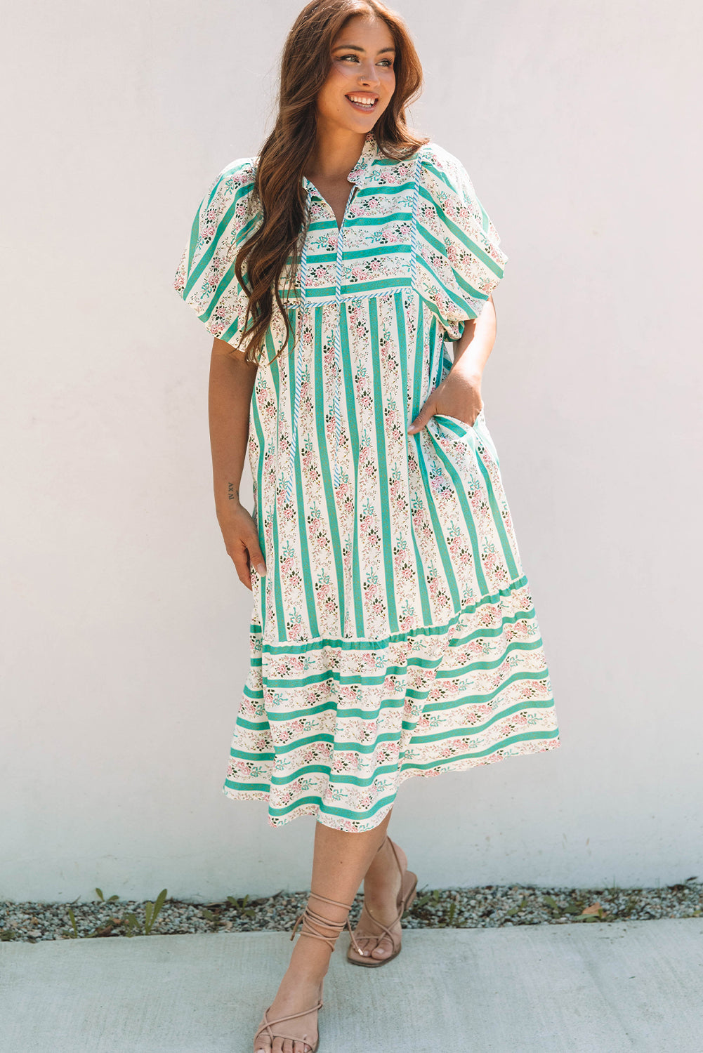 Multicolour Striped Floral Print Tie Split Neck Puff Sleeve Midi Dress Floral Dresses JT's Designer Fashion