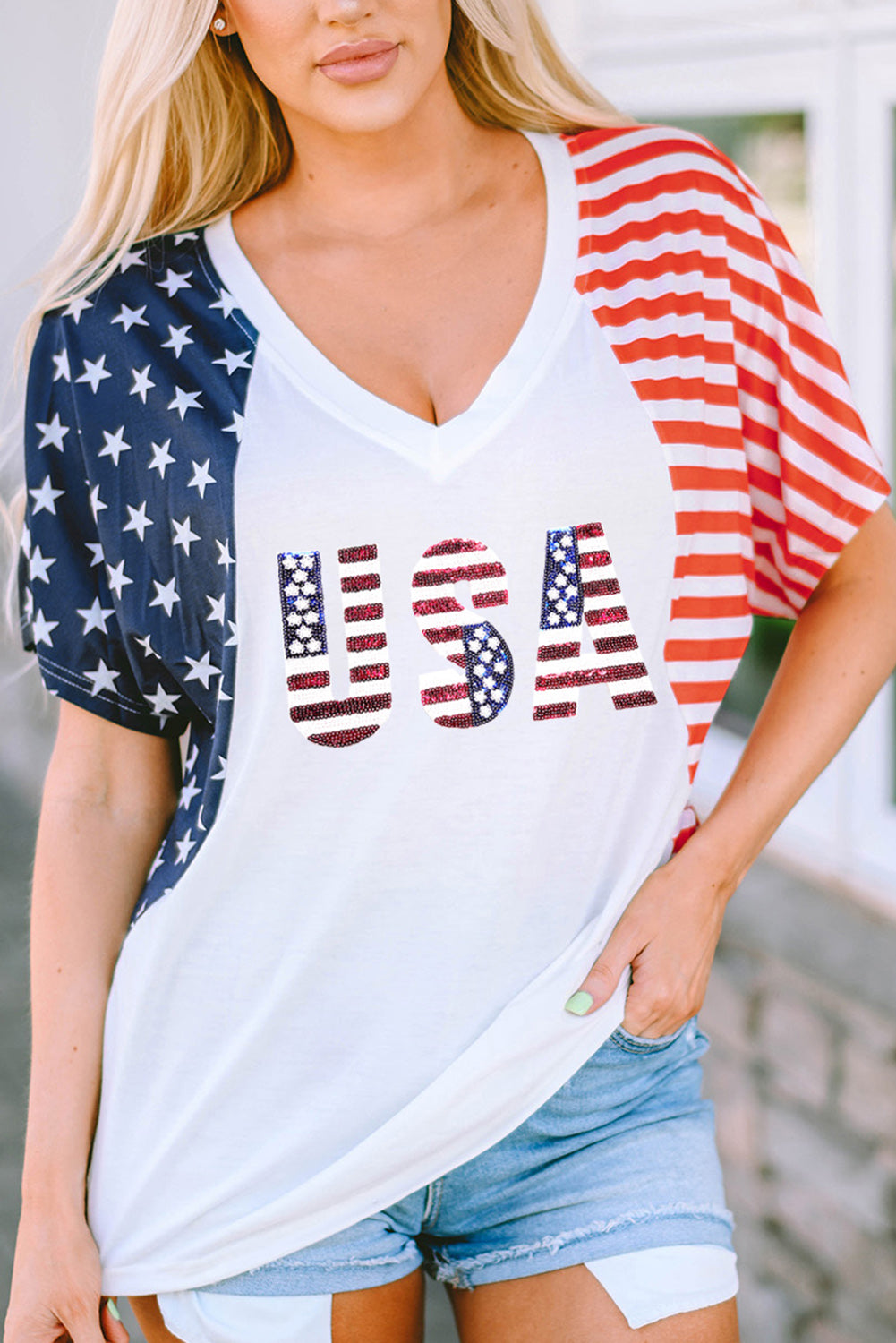 White USA Flag Sequin Patchwork Color Bock T Shirt Graphic Tees JT's Designer Fashion
