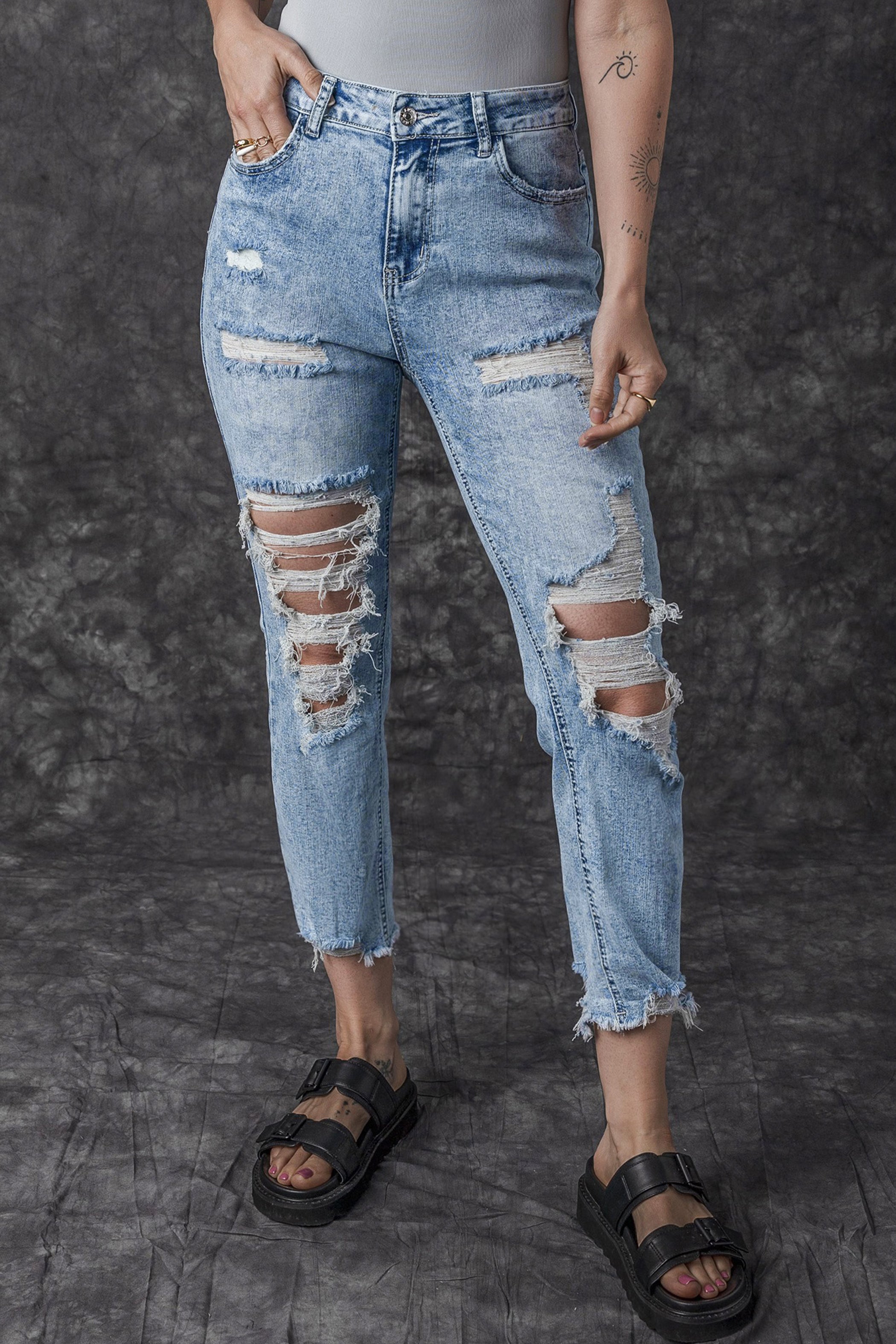 Sky Blue Acid Wash Distressed Slim Fit Jeans Jeans JT's Designer Fashion