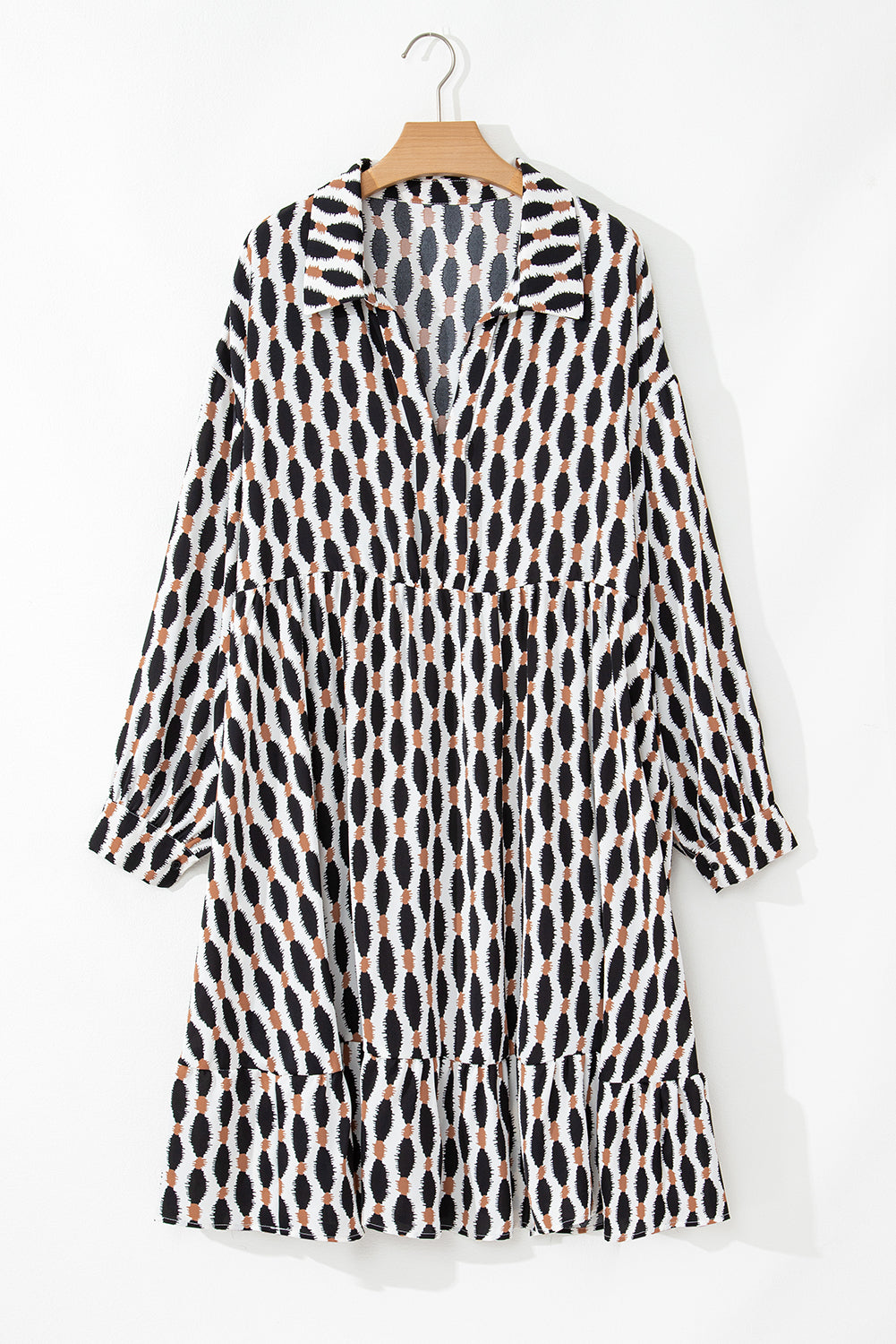 Apricot Geometric Print Collared V Neck Plus Size Mini Dress Plus Size Mini Dresses JT's Designer Fashion