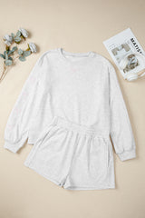 Light Grey Girly Bow Embroidered Detail Puff Sleeve Pullover 2pcs Short Set Short Sets JT's Designer Fashion