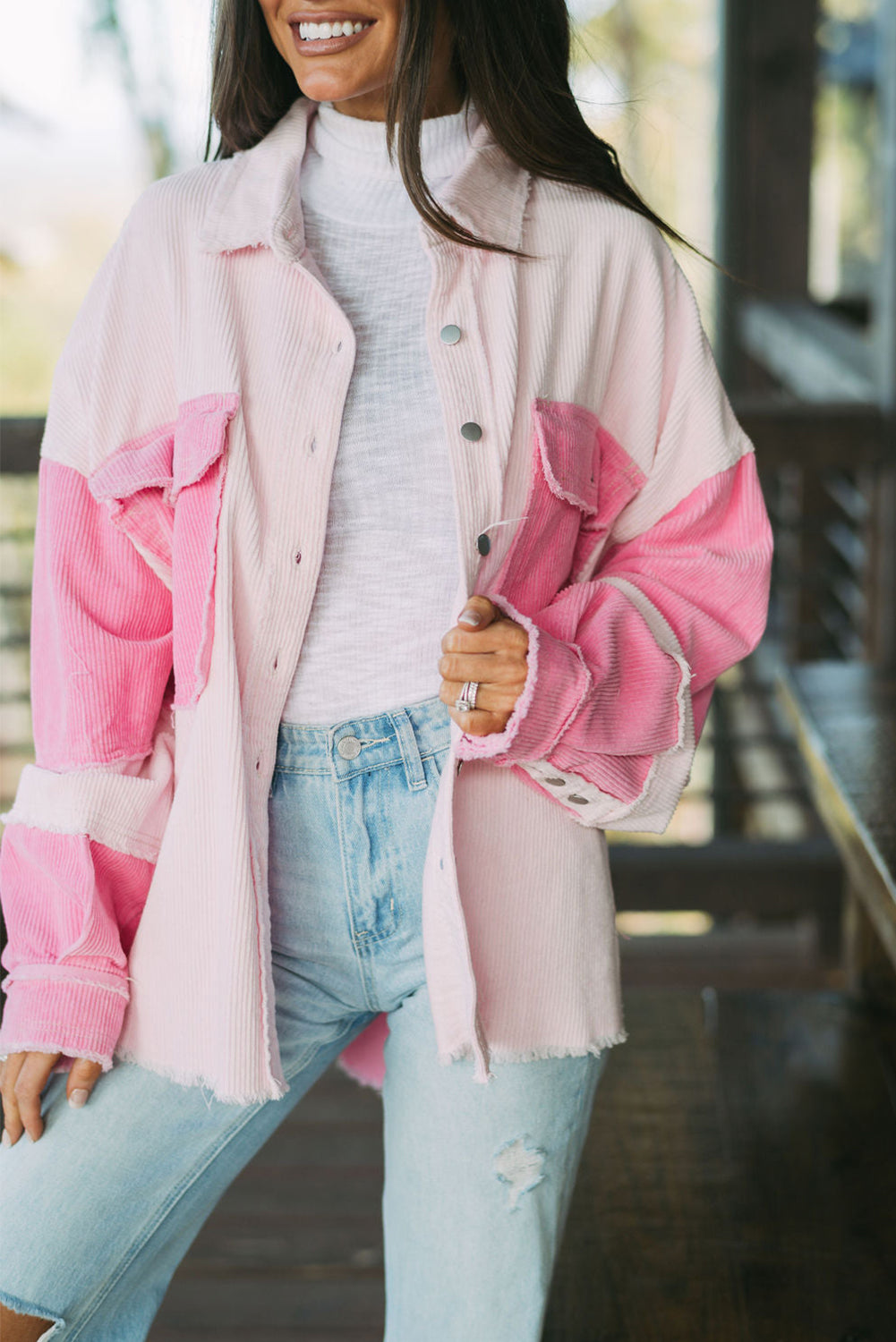 Delicacy Two-tone Color Exposed Seam Corduroy Shacket Delicacy 100%Cotton Jackets JT's Designer Fashion