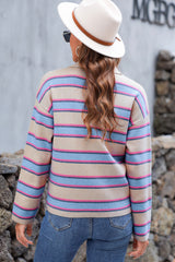 Apricot Stripe Collared V Neck Drop Shoulder Loose Sweater Sweaters JT's Designer Fashion